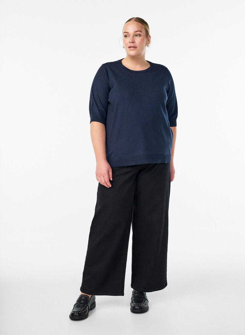 Finstrikket bluse med korte ermer, Bl&aring;, Model image number 1