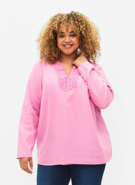 Bluse av bomull med heklede detaljer, Begonia Pink, Model