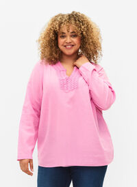 Bluse av bomull med heklede detaljer, Begonia Pink, Model