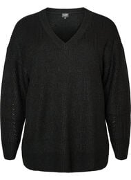 Lang ribbestrikket bluse med V-hals, Svart