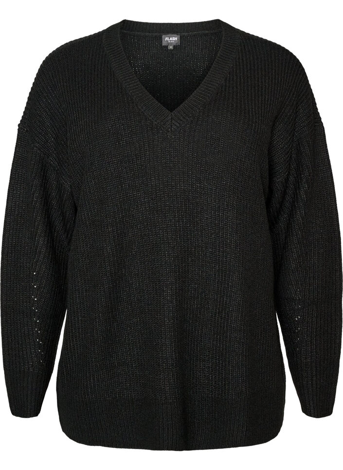 Lang ribbestrikket bluse med V-hals, Svart, Packshot image number 0