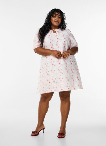Zizzi Kort A-linjekjole med blomsterprint, Rosa, Model image number 1