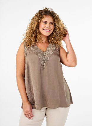 Zizzi Ermeløs topp med blonder, Brun, Model image number 0