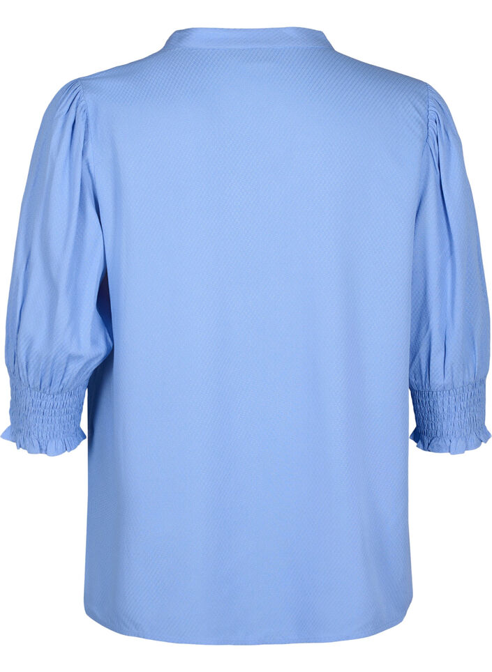 Viskosebluse med vaffelsøm og rysjedetaljer, Cornflower Blue, Packshot image number 1