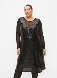 A-formet paljettkjole med lange ermer, Black, Model