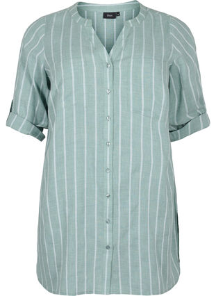 Stripete skjorte med V-hals, Balsam Green Stripe, Packshot image number 0
