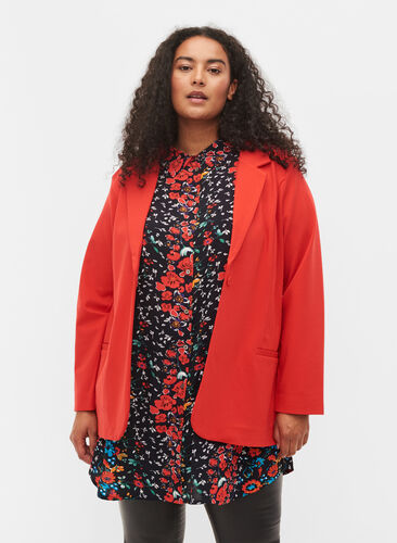 Enkel blazer med knapp og pyntelommer, Flame Scarlet, Model image number 0