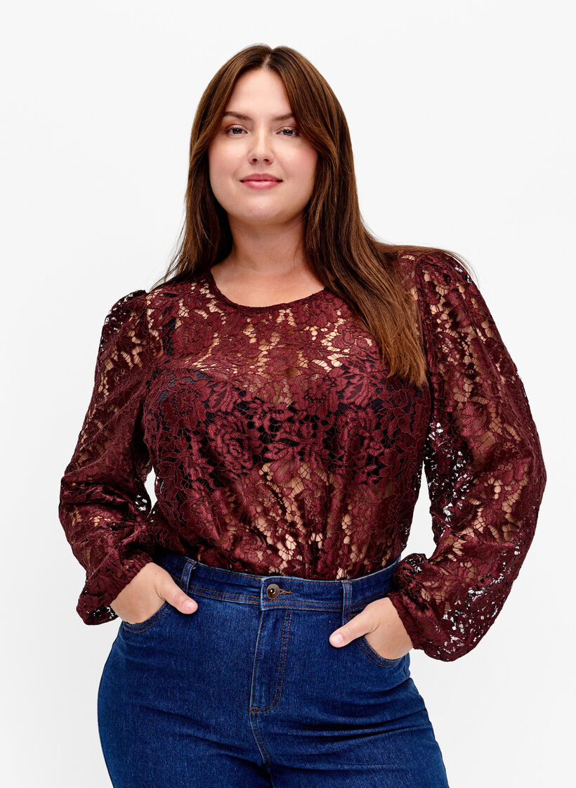 FLASH – Bluse med lange ermer og blonder, Port Royal, Model image number 0