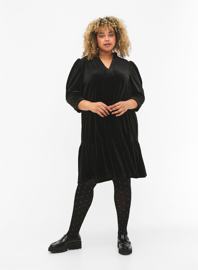 Velurkjole med rysjekrage og trekvartlange ermer, Black, Model image number 2