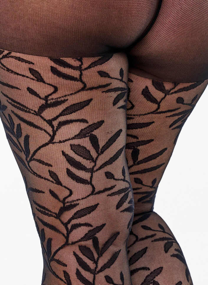 25 denier tights med bladm&oslash;nster, Black, Packshot image number 2