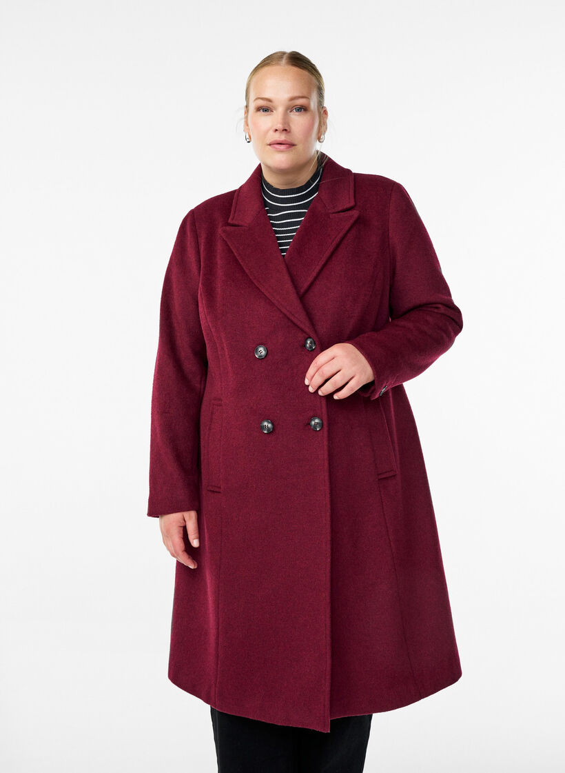 Ullblandet frakk med dobbeltradede knapper, Maroon Banner Mel., Model