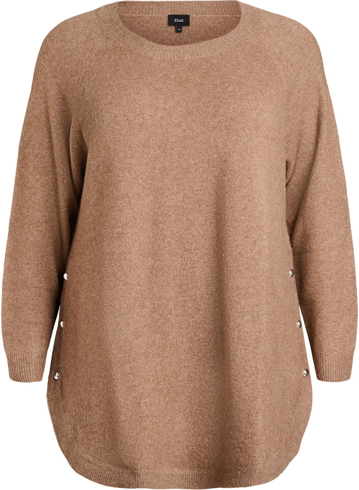 Lang strikkebluse med kuleknapper, Brun, Packshot image number 0