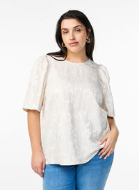 Bluse med jacquard mønster og puffede ermer, Vanilje Bluse med jacquard mønster og puffede ermer, Vanilje, Model