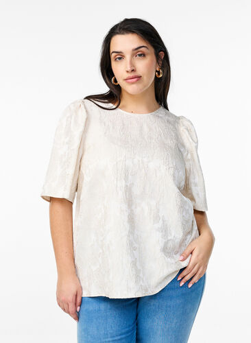 Zizzi Bluse med jacquard mønster og puffede ermer, Vanilje, Model image number 0