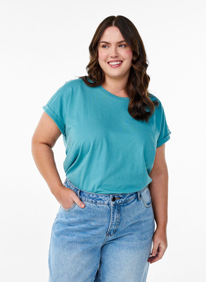 Kortermet t-skjorte i en bomullsblanding, Blå, Model image number 0