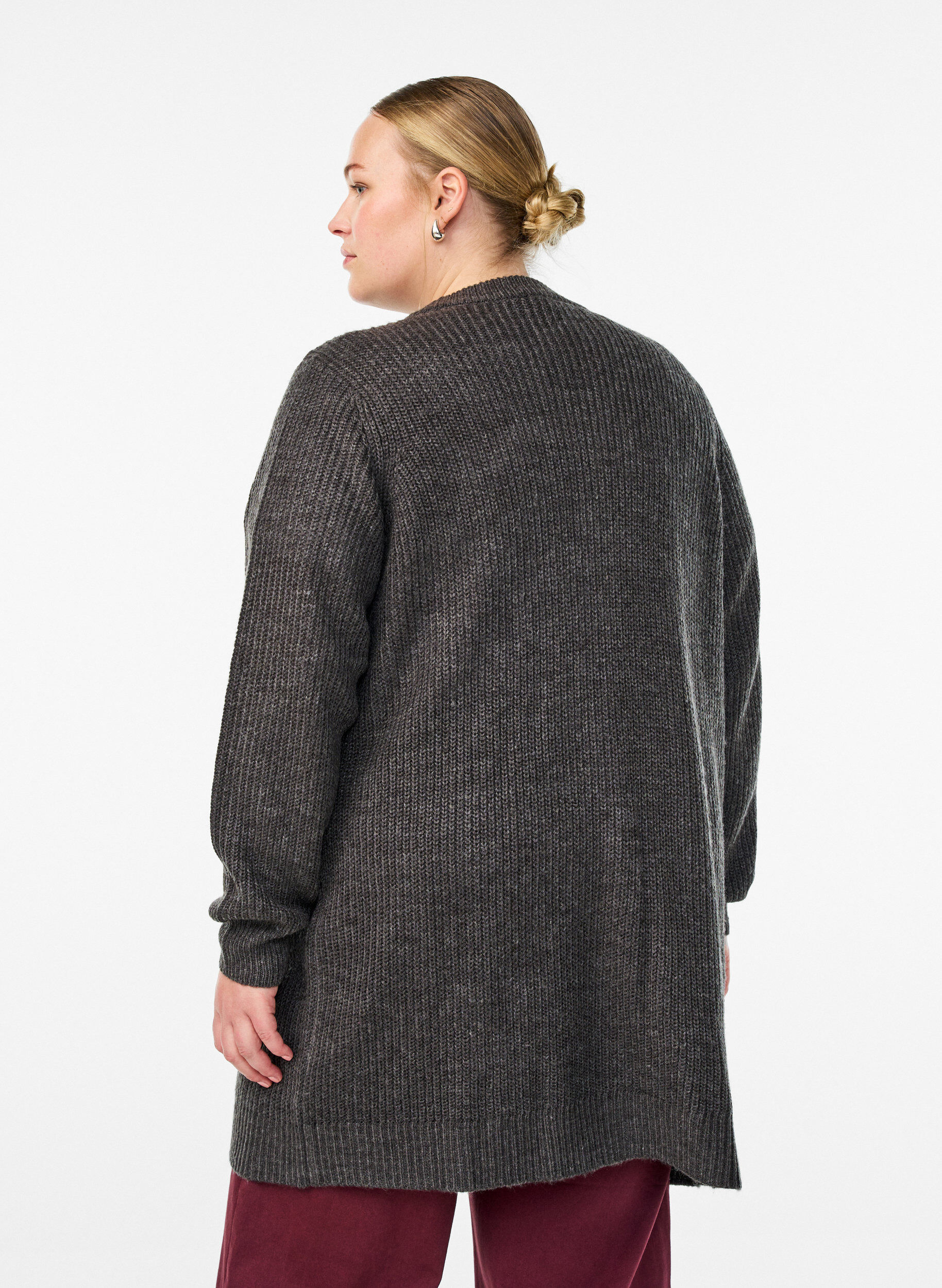 Zizzi FLASH - Lang ribbestrikket cardigan med lommer, Gr&aring;, Model image number 2