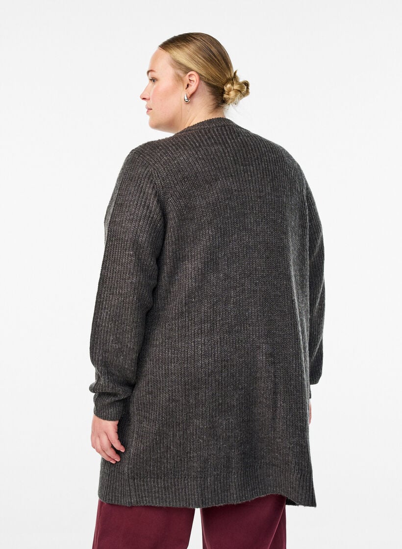 FLASH - Lang ribbestrikket cardigan med lommer, Grå, Model image number 2