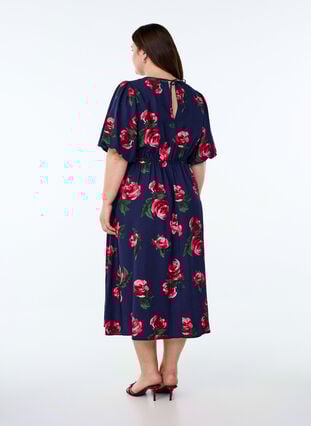 Zizzi Midikjole med rosetrykk og korte ballongermer, Blå, Model image number 2
