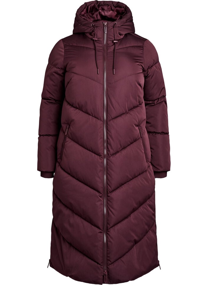 Lang pufferjakke med hette og lommer, M&oslash;rk Bordeaux, Packshot image number 0