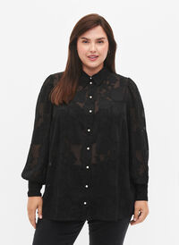 Jacquardskjorte med perleknapper, Black, Model