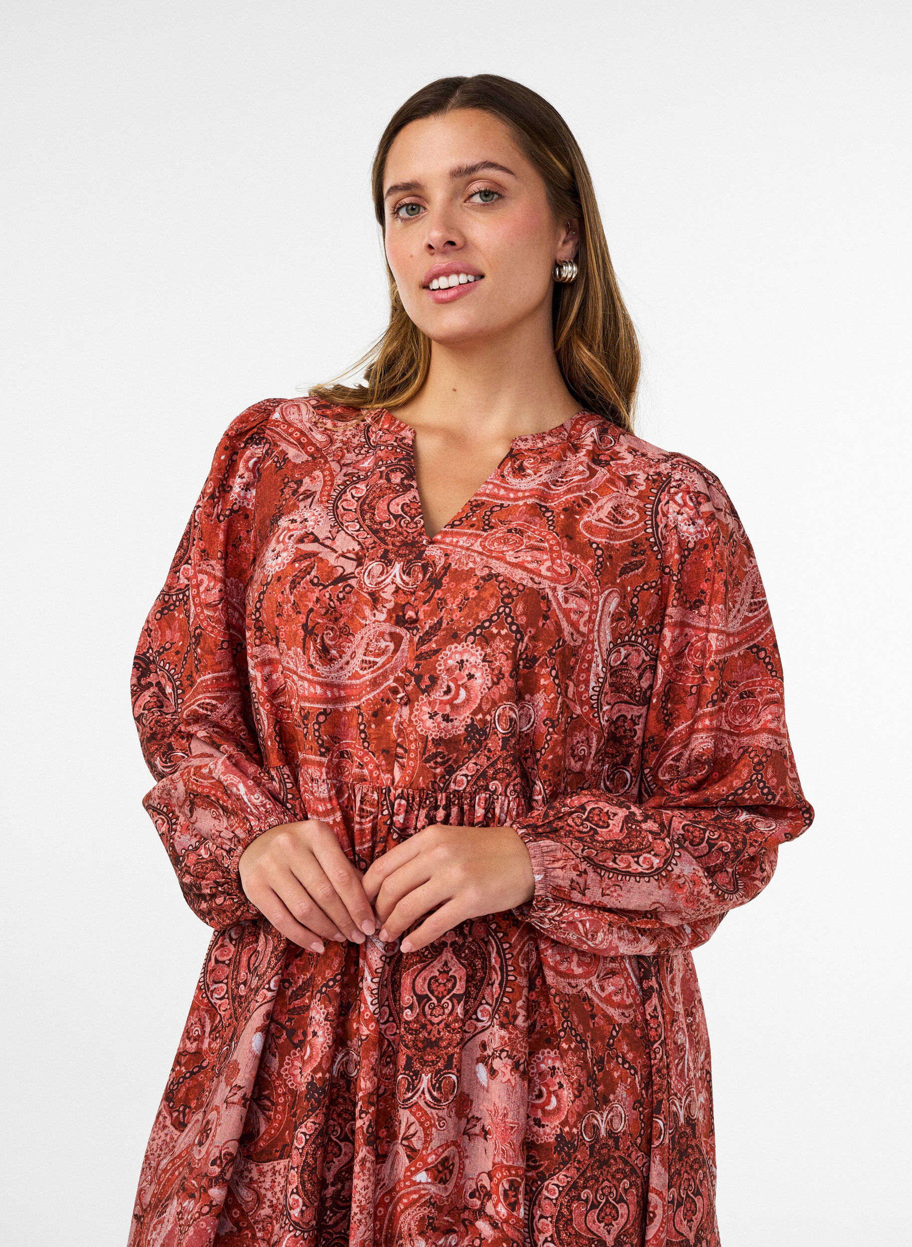 ZizziMidikjole i viskose med paisleytrykk, Orange, Model image number 2