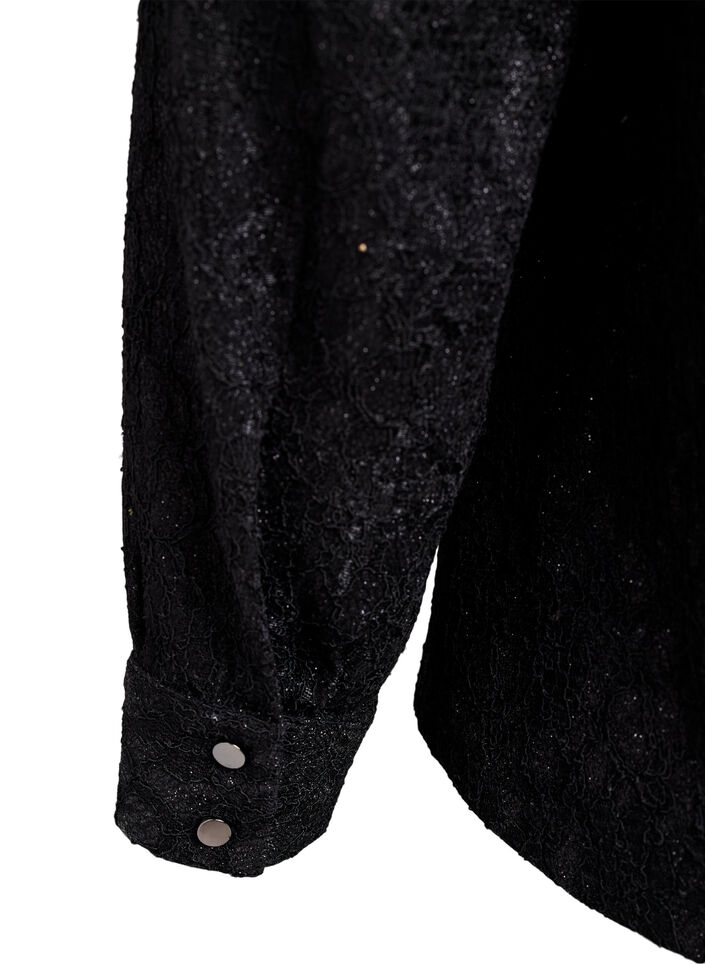 Skjorte med blondetekstur og glittertråd, Svart, Packshot