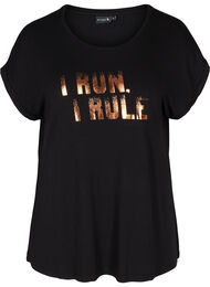 T-skjorte i viskosemiks med trykk til trening, Black I Run