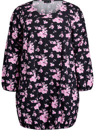 Kort bomullskjole med elastisk fold og lange ermer, Black W. Pink Flower