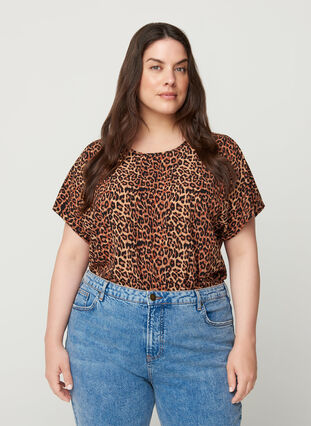 Bluse med korte ermer, Leopard AOP, Model image number 0