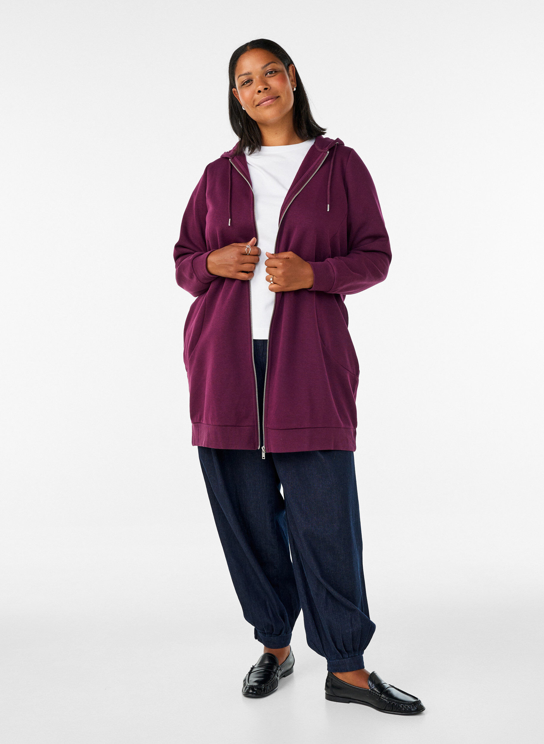 ZizziLang hettegenser med glidel&aring;s og lommer, Lilla, Model image number 1
