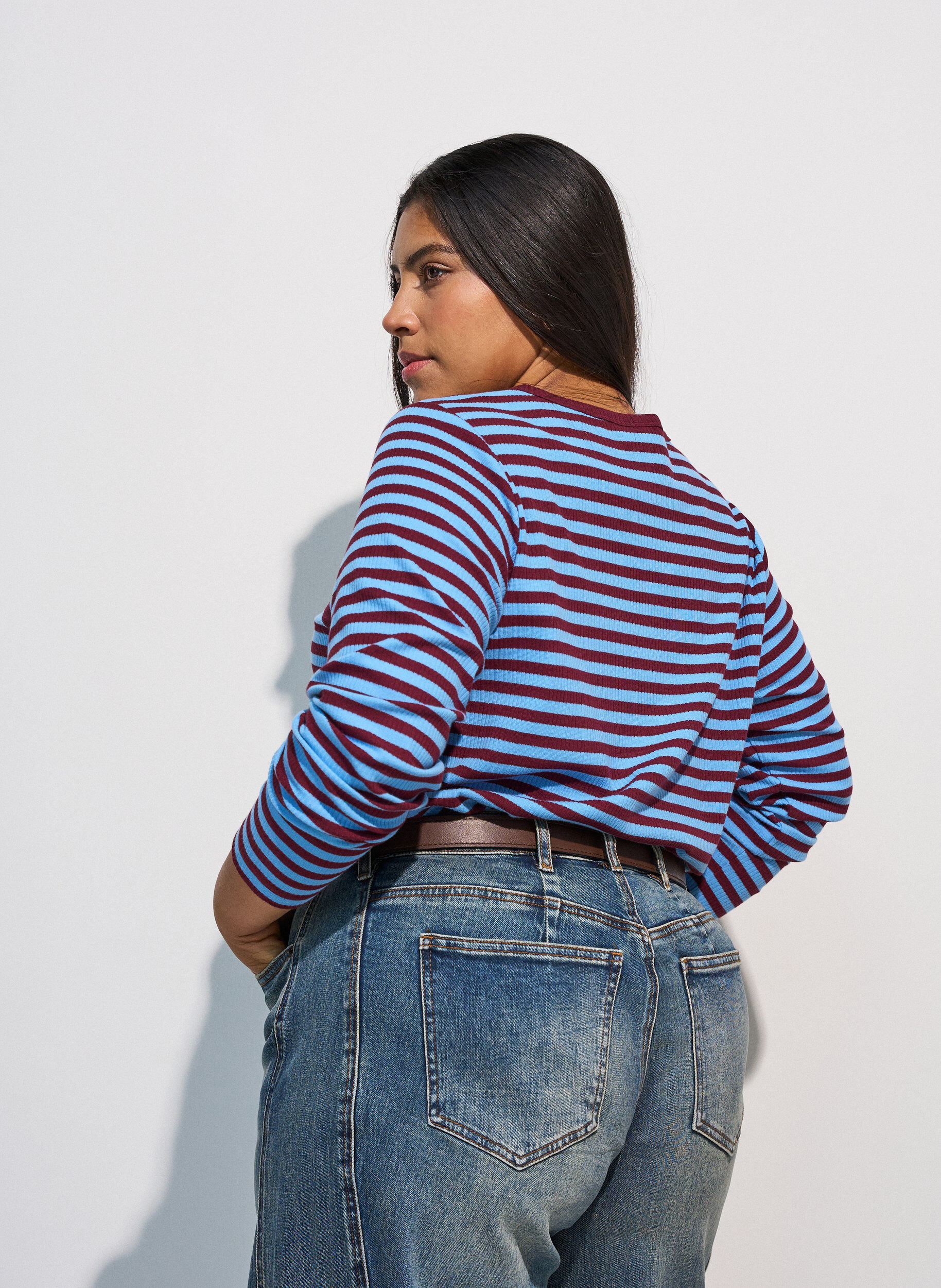 ZizziStripete bluse med lange ermer, Bl&aring;, Model image number 2