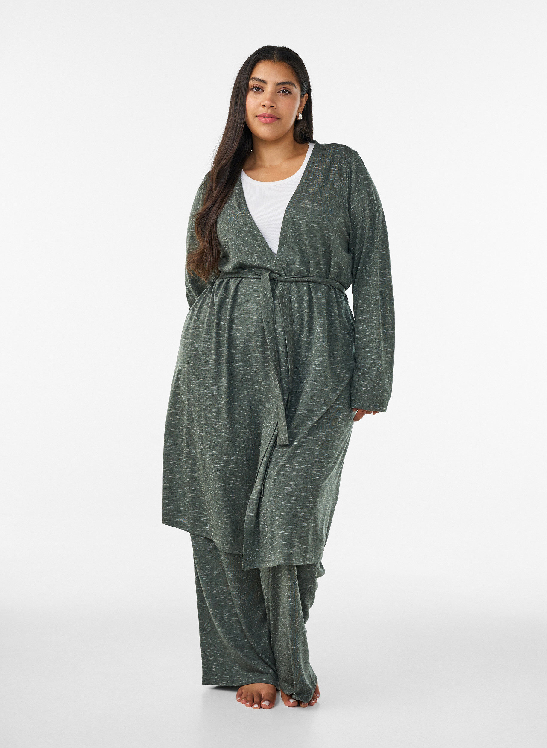 Lang jersey cardigan med knytebelte, Gr&oslash;nn, Model