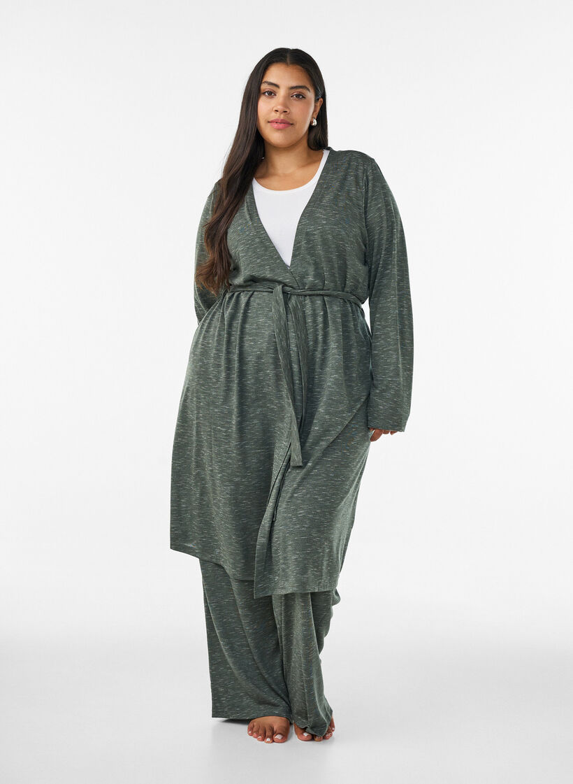 Lang jersey cardigan med knytebelte, Gr&oslash;nn, Model image number 0