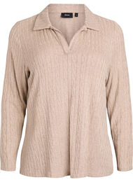 Strikkebluse med krage og flettemønster, Beige