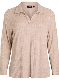 Strikkebluse med krage og flettemønster, Beige Strikkebluse med krage og flettemønster