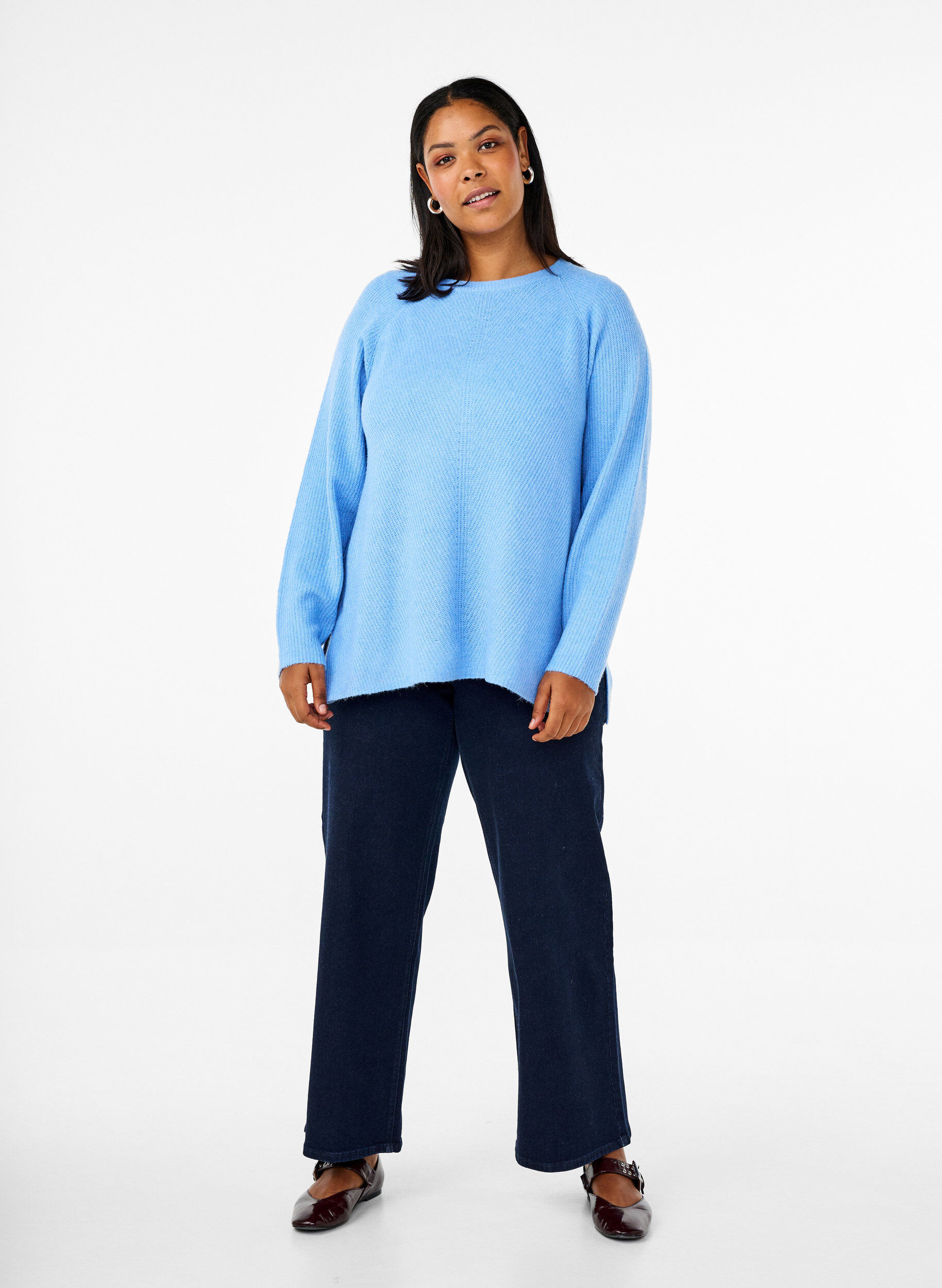 Zizzi Strikket bluse med rund hals, Della R. Blue Mel., Model image number 2