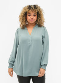 Bluse med vaffelsøm og v-utringning, Chinois Green, Model