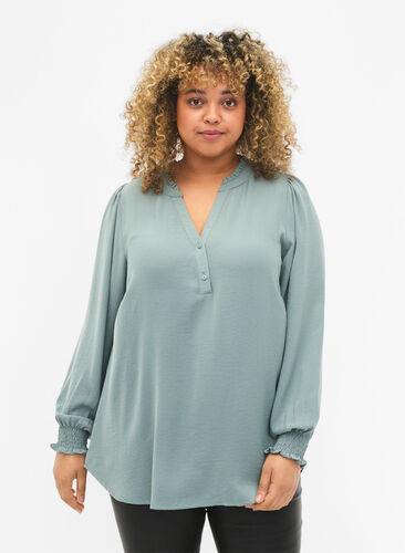 Bluse med vaffelsøm og v-utringning, Chinois Green, Model image number 0