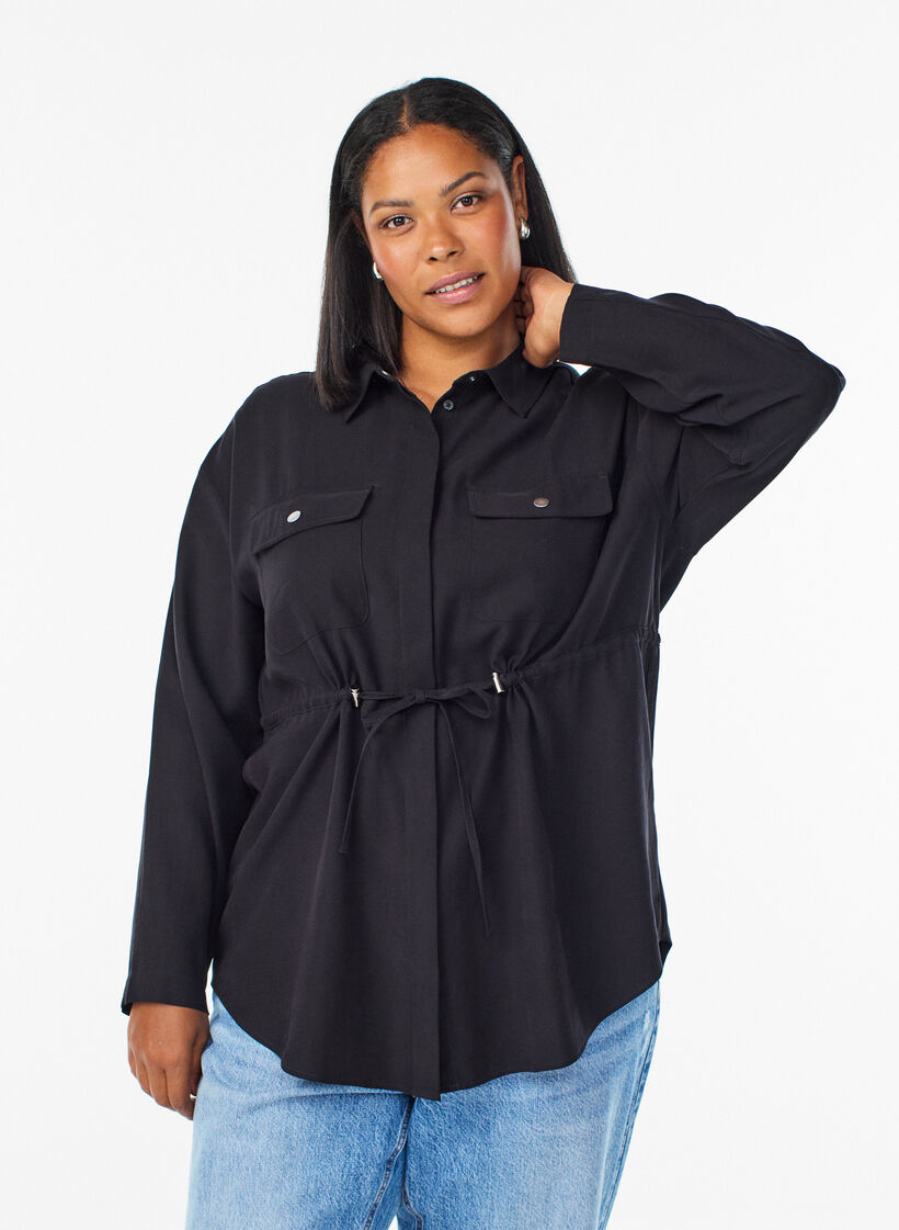 Tunika med brystlommer og justerbar midje, Svart, Model image number 0