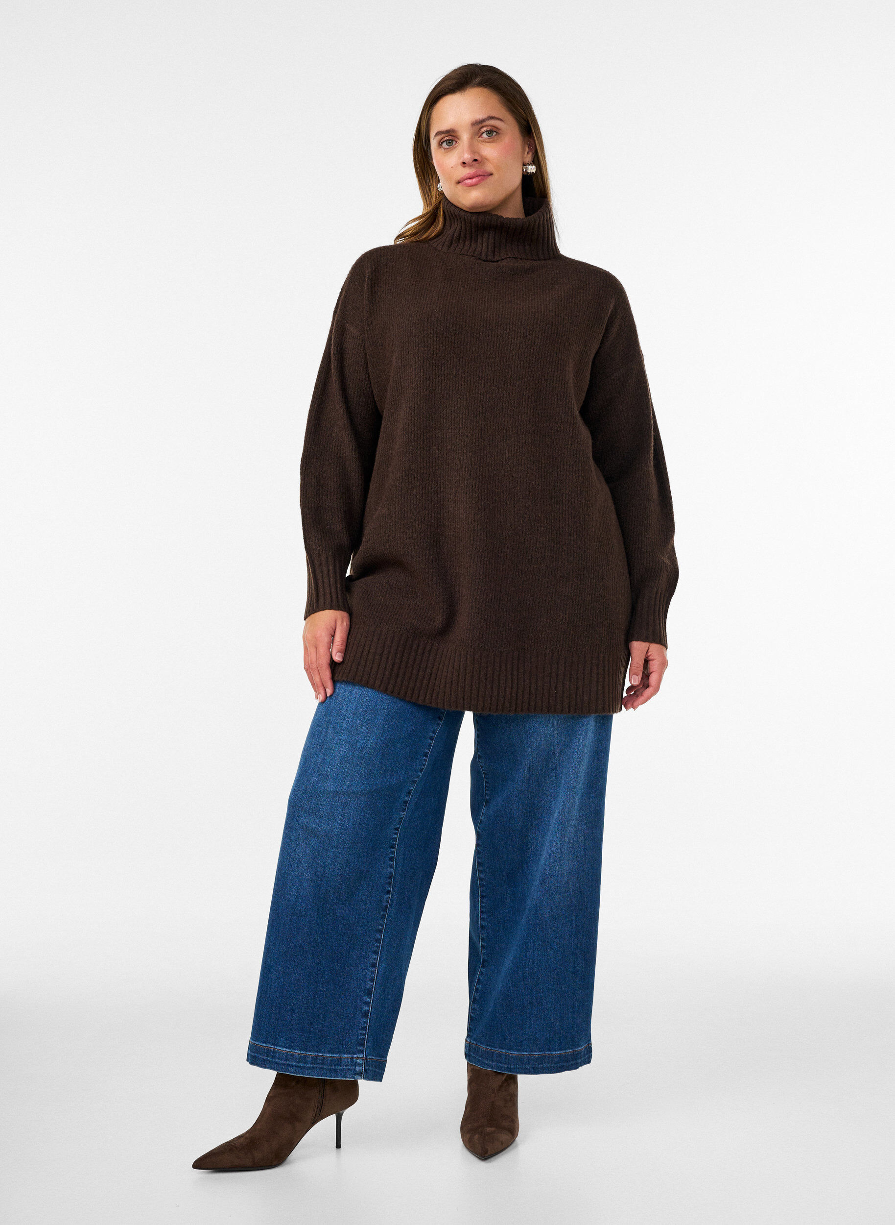 ZizziL&oslash;s strikket genser med rullekrage, Brun, Model image number 1