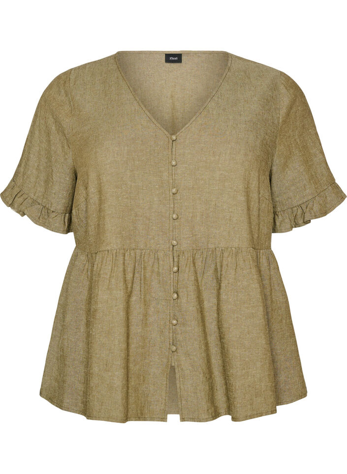 Bluse i lin og viskose med V-hals og knappelukking, Gr&oslash;nn, Packshot image number 0