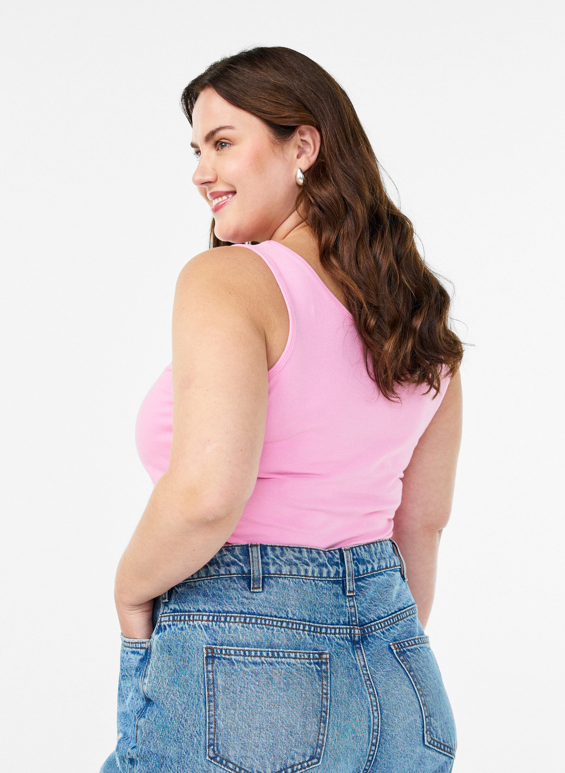 ZizziEnsfarget basic topp i bomull, Rosa, Model image number 2