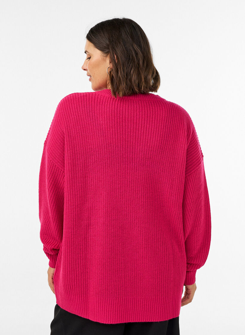 Lang ribbestrikket bluse med V-hals, Rosa, Model image number 2