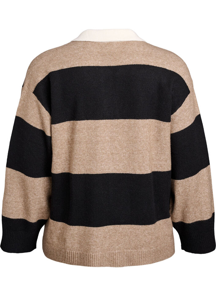 Strikket bluse med krage og V-hals, Black Stripe Comb, Packshot