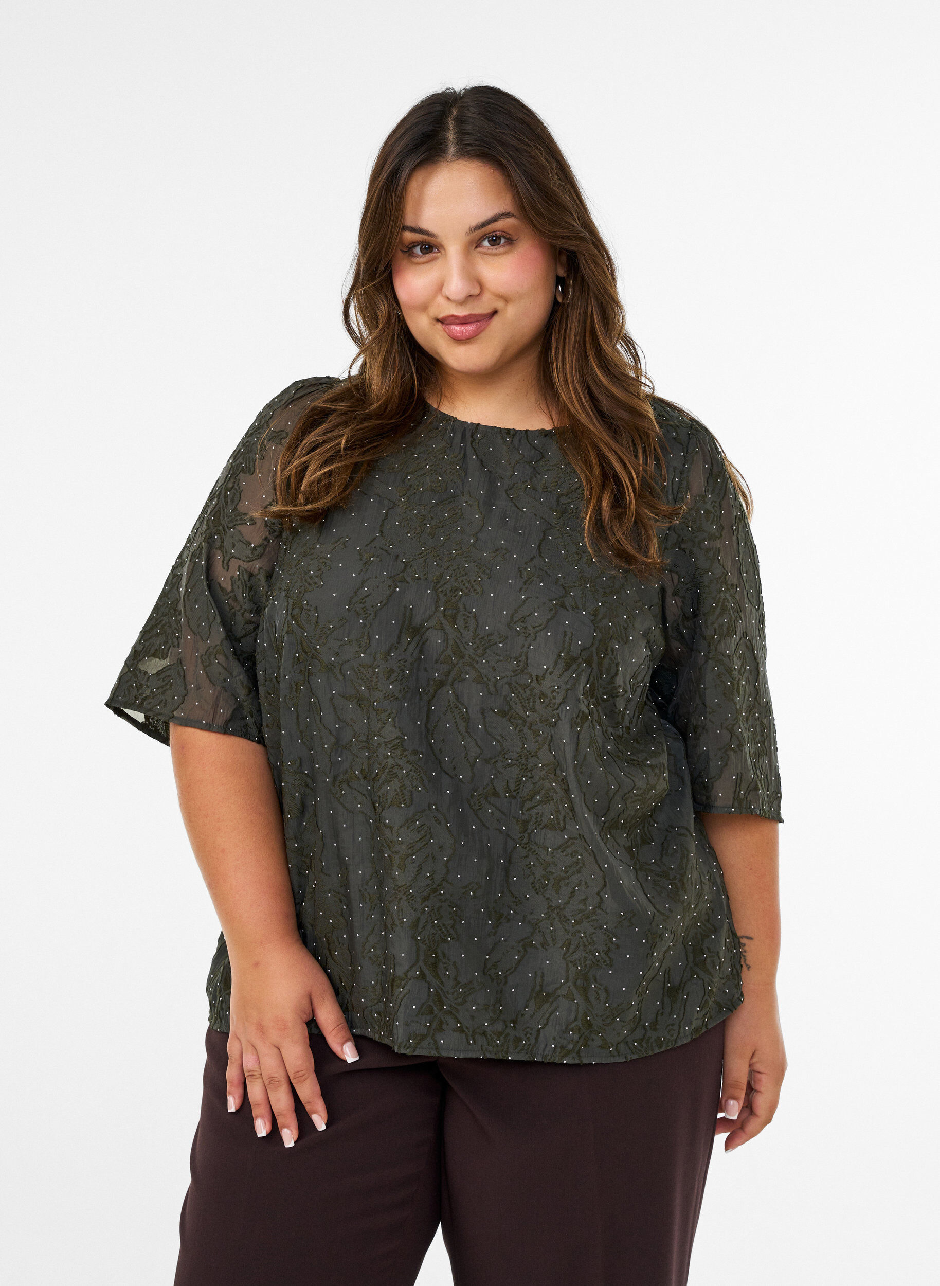 Jacquard bluse med glitrende detaljer og puffede ermer, Gr&oslash;nn, Model