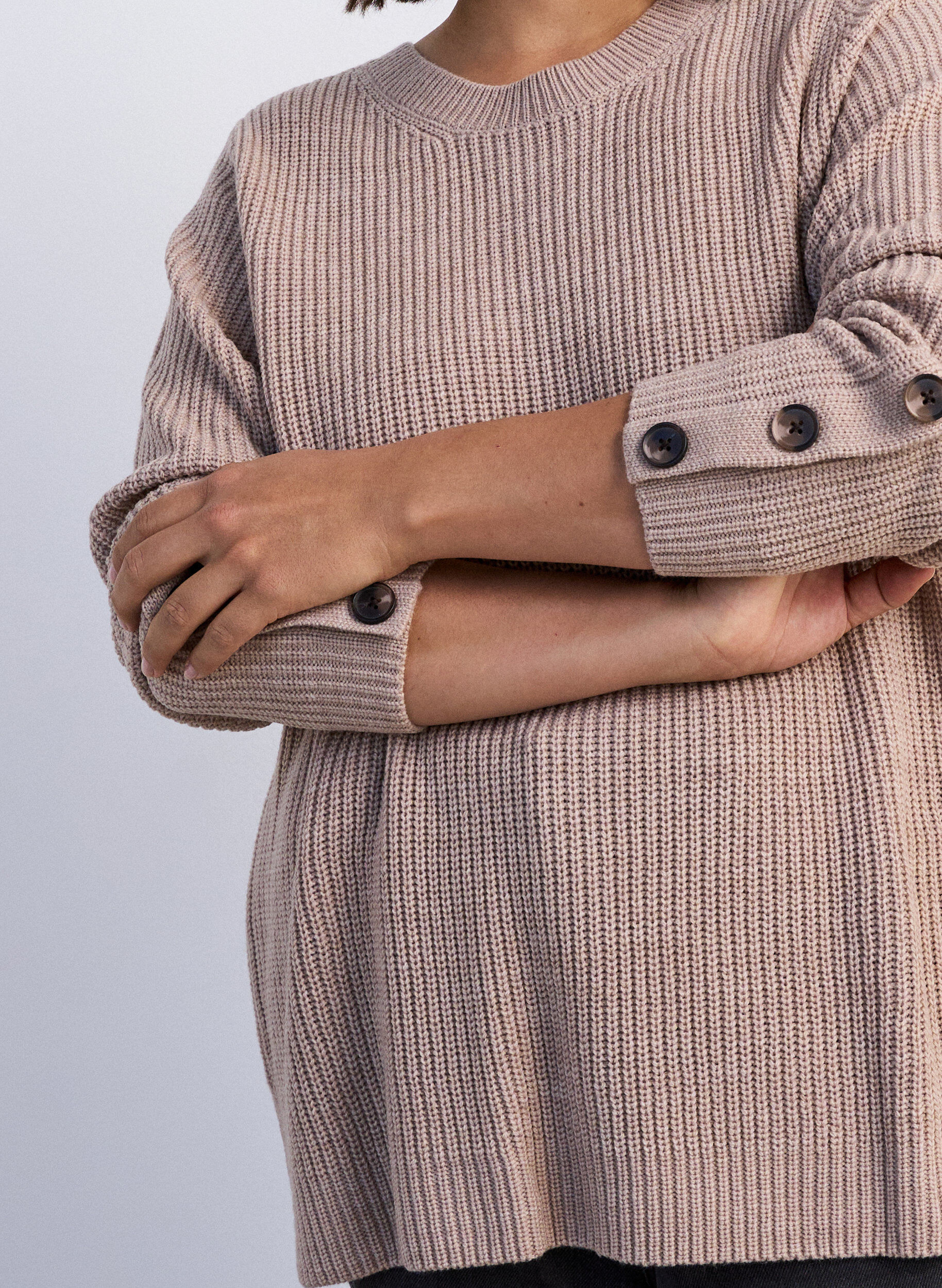 ZizziStrikket bluse med ribbestruktur og knappdetaljer, Beige, Model image number 3