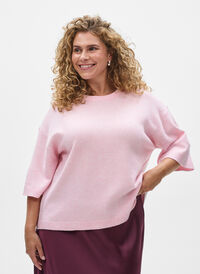 Løs strikket bluse med korte ermer, Rosa Løs strikket bluse med korte ermer, Rosa, Model