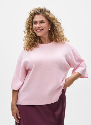 Zizzi Løs strikket bluse med korte ermer, Rosa, Model image number 0