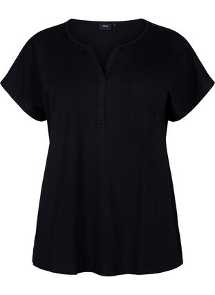 T-skjorte med V-hals og brystlomme, Black, Packshot image number 0