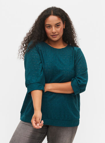 Bluse med 3/4-ermer og strukturmønster, Deep Teal, Model image number 0
